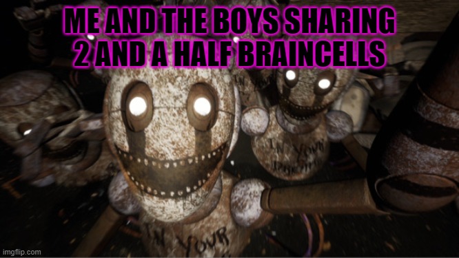 i dont know the title | ME AND THE BOYS SHARING 2 AND A HALF BRAINCELLS | image tagged in fuck | made w/ Imgflip meme maker