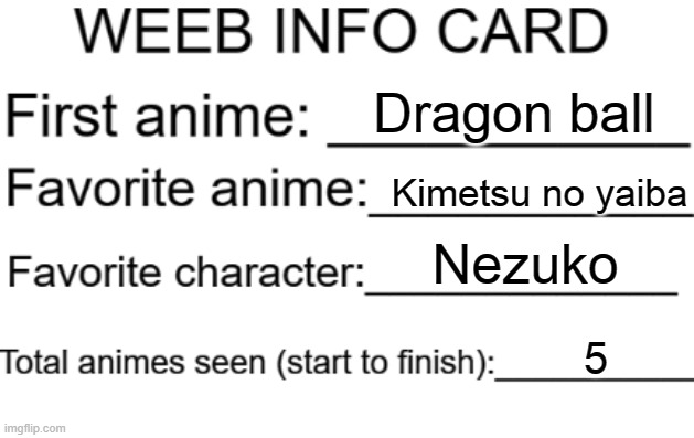 My weeb anime informationn | Dragon ball; Kimetsu no yaiba; Nezuko; 5 | image tagged in weeb info card,kimetsu,nezuko | made w/ Imgflip meme maker