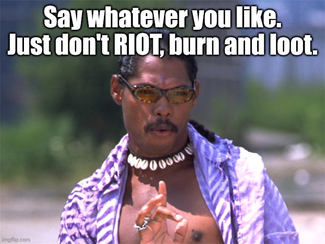 Pootie Tang say: | Say whatever you like.
Just don't RIOT, burn and loot. | image tagged in pootie tang say | made w/ Imgflip meme maker