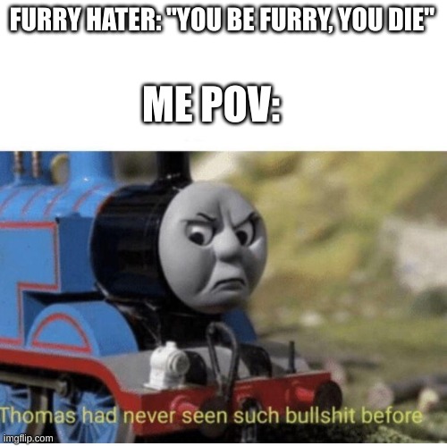 wot | FURRY HATER: "YOU BE FURRY, YOU DIE"; ME POV: | image tagged in thomas has never seen such bullshit before,bullshit | made w/ Imgflip meme maker