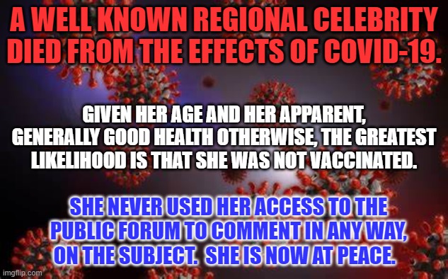 Silence Has Fallen | A WELL KNOWN REGIONAL CELEBRITY DIED FROM THE EFFECTS OF COVID-19. GIVEN HER AGE AND HER APPARENT, GENERALLY GOOD HEALTH OTHERWISE, THE GREATEST LIKELIHOOD IS THAT SHE WAS NOT VACCINATED. SHE NEVER USED HER ACCESS TO THE PUBLIC FORUM TO COMMENT IN ANY WAY, ON THE SUBJECT.  SHE IS NOW AT PEACE. | image tagged in politics | made w/ Imgflip meme maker