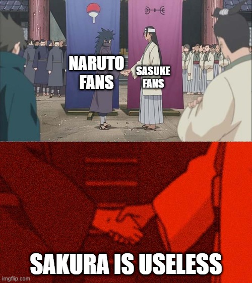 sakura is useless | NARUTO FANS; SASUKE FANS; SAKURA IS USELESS | image tagged in handshake between madara and hashirama | made w/ Imgflip meme maker