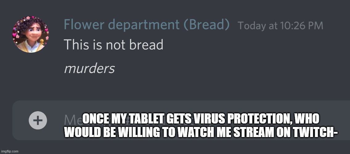 I would mainly stream me drawing | ONCE MY TABLET GETS VIRUS PROTECTION, WHO WOULD BE WILLING TO WATCH ME STREAM ON TWITCH- | image tagged in this is not bread | made w/ Imgflip meme maker