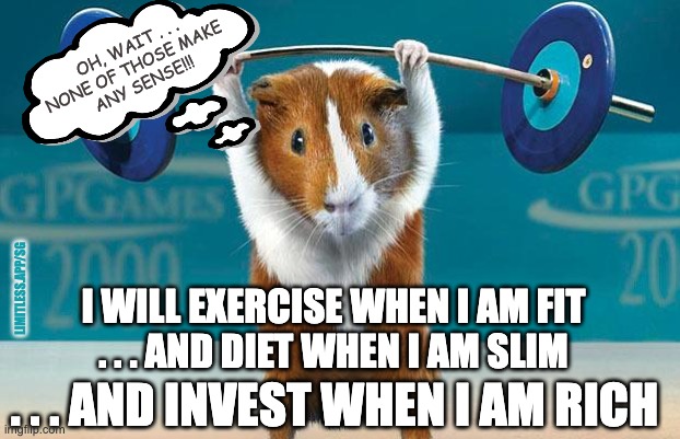 EVERY Day Resolutions |  OH, WAIT . . .
NONE OF THOSE MAKE 
ANY SENSE!!! LIMITLESS.APP/SG; I WILL EXERCISE WHEN I AM FIT
. . . AND DIET WHEN I AM SLIM; . . . AND INVEST WHEN I AM RICH | image tagged in personal finance,limitless,investing,hamster,don't wait | made w/ Imgflip meme maker
