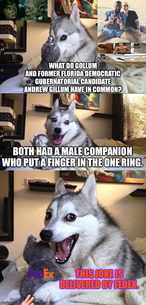 There’s a subtle joke at the end, and it’s not about the gay Florida man. |  WHAT DO GOLLUM
AND FORMER FLORIDA DEMOCRATIC
GUBERNATORIAL CANDIDATE
ANDREW GILLUM HAVE IN COMMON? BOTH HAD A MALE COMPANION WHO PUT A FINGER IN THE ONE RING. THIS JOKE IS DELIVERED BY FEDEX. | image tagged in memes,bad pun dog,andrew gillum,gollum,gay jokes,finger | made w/ Imgflip meme maker