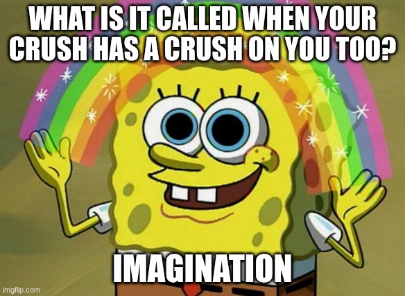 Imagination Spongebob | WHAT IS IT CALLED WHEN YOUR CRUSH HAS A CRUSH ON YOU TOO? IMAGINATION | image tagged in memes,imagination spongebob | made w/ Imgflip meme maker