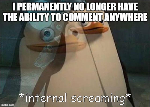 Private Internal Screaming | I PERMANENTLY NO LONGER HAVE THE ABILITY TO COMMENT ANYWHERE | image tagged in private internal screaming | made w/ Imgflip meme maker