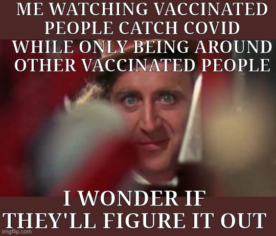 I Wonder If They'll Figure It Out... | ME WATCHING VACCINATED PEOPLE CATCH COVID WHILE ONLY BEING AROUND OTHER VACCINATED PEOPLE; I WONDER IF THEY'LL FIGURE IT OUT | image tagged in covid,hysteria,hysterical | made w/ Imgflip meme maker