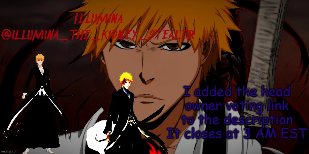 https://strawpoll.com/bpvkg9zeu btw | I added the head owner voting link to the description
It closes at 3 AM EST | image tagged in illumina ichigo temp | made w/ Imgflip meme maker