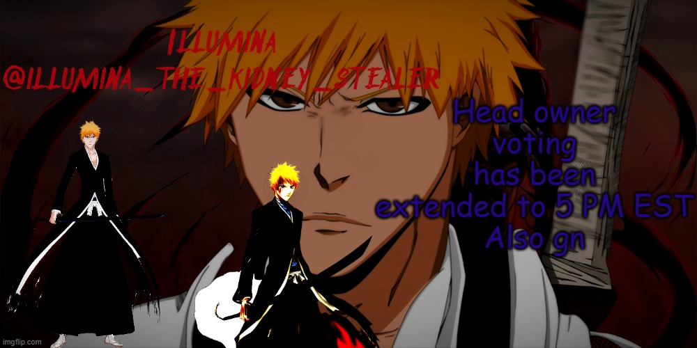 illumina ichigo temp | Head owner voting has been extended to 5 PM EST
Also gn | image tagged in illumina ichigo temp | made w/ Imgflip meme maker