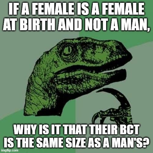 Brain anatomy. It's a thing that also augments the argument in favor of LGBTQ | IF A FEMALE IS A FEMALE AT BIRTH AND NOT A MAN, WHY IS IT THAT THEIR BCT IS THE SAME SIZE AS A MAN'S? | image tagged in memes,philosoraptor,lgbtq,self determination,liberty,freedom | made w/ Imgflip meme maker