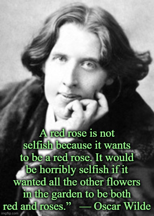 Oscar Wilde | A red rose is not selfish because it wants to be a red rose. It would be horribly selfish if it wanted all the other flowers in the garden to be both red and roses.”   — Oscar Wilde | image tagged in oscar wilde,roses are red,words of wisdom,roses,wisdom,garden | made w/ Imgflip meme maker