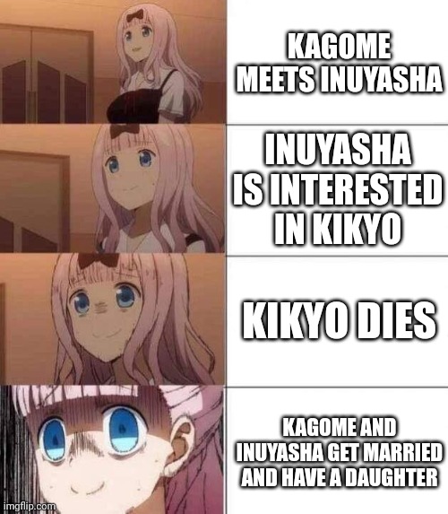 chika template | KAGOME MEETS INUYASHA; INUYASHA IS INTERESTED IN KIKYO; KIKYO DIES; KAGOME AND INUYASHA GET MARRIED AND HAVE A DAUGHTER | image tagged in chika template | made w/ Imgflip meme maker