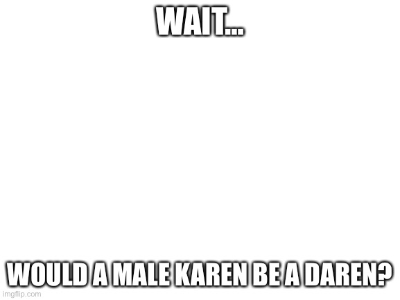 ARE THEY DARENS!? | WAIT…; WOULD A MALE KAREN BE A DAREN? | image tagged in blank white template | made w/ Imgflip meme maker