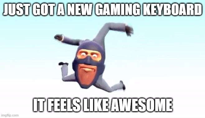 really | JUST GOT A NEW GAMING KEYBOARD; IT FEELS LIKE AWESOME | image tagged in the s p y | made w/ Imgflip meme maker