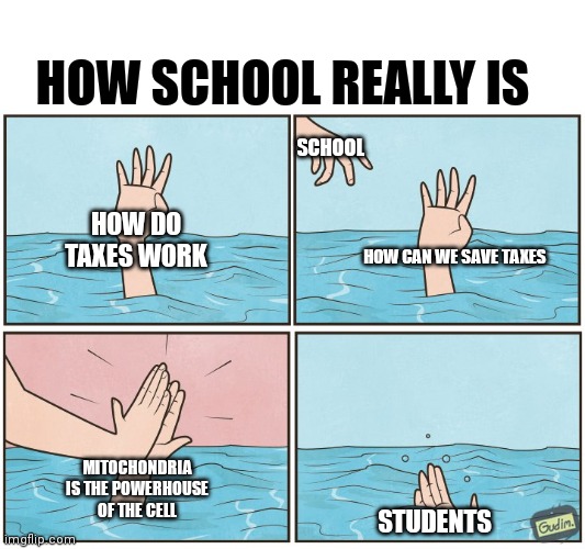 High five drown | HOW SCHOOL REALLY IS; SCHOOL; HOW DO TAXES WORK; HOW CAN WE SAVE TAXES; MITOCHONDRIA IS THE POWERHOUSE OF THE CELL; STUDENTS | image tagged in high five drown,reality,school,memes,funny memes,truth | made w/ Imgflip meme maker