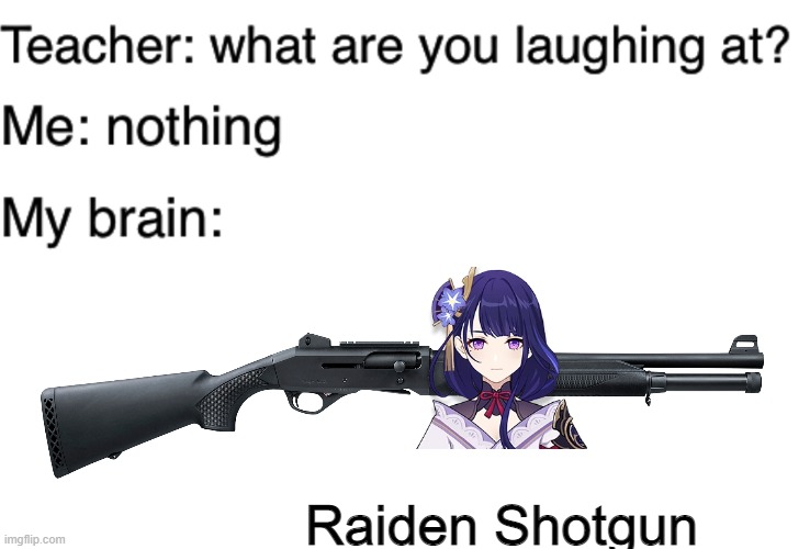 Raiden Shotgun | image tagged in teacher what are you laughing at,auto shotgun,genshin impact | made w/ Imgflip meme maker
