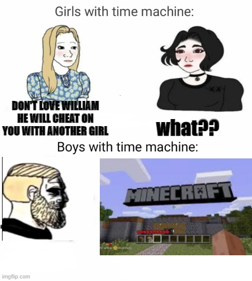 Time machine | DON'T LOVE WILLIAM HE WILL CHEAT ON YOU WITH ANOTHER GIRL; what?? | image tagged in time machine,fun | made w/ Imgflip meme maker