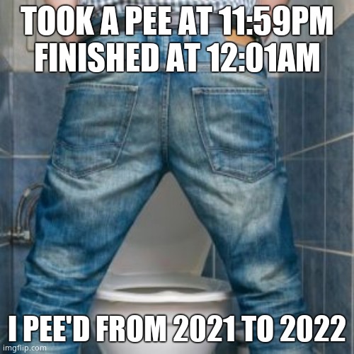 New Years Pee | TOOK A PEE AT 11:59PM
FINISHED AT 12:01AM; I PEE'D FROM 2021 TO 2022 | image tagged in memes,funny memes,pee,new years eve | made w/ Imgflip meme maker