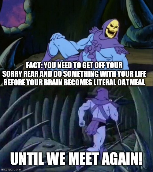 Skeletor disturbing facts | FACT: YOU NEED TO GET OFF YOUR SORRY REAR AND DO SOMETHING WITH YOUR LIFE BEFORE YOUR BRAIN BECOMES LITERAL OATMEAL; UNTIL WE MEET AGAIN! | image tagged in skeletor disturbing facts,computer,addiction | made w/ Imgflip meme maker