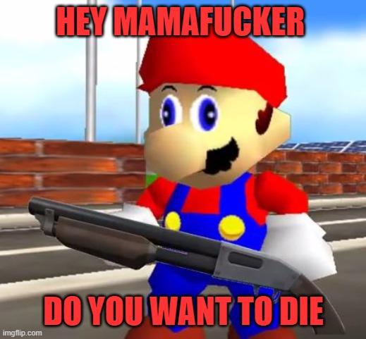 MARIO WANTS YOU TO DIE | HEY MAMAFUCKER; DO YOU WANT TO DIE | image tagged in smg4 shotgun mario | made w/ Imgflip meme maker
