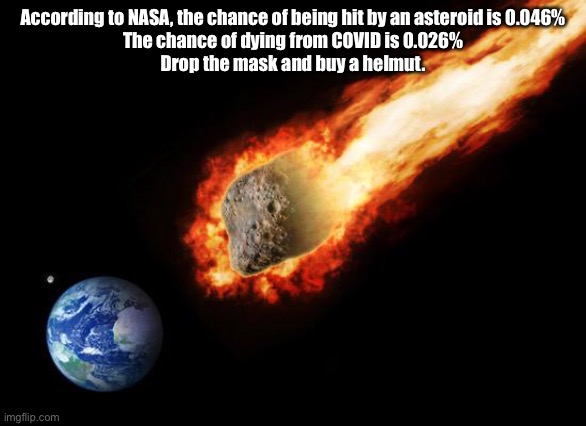 Truth | According to NASA, the chance of being hit by an asteroid is 0.046%
The chance of dying from COVID is 0.026%
Drop the mask and buy a helmut. | image tagged in jackass giant asteroid | made w/ Imgflip meme maker