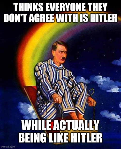 Random Hitler | THINKS EVERYONE THEY DON'T AGREE WITH IS HITLER WHILE ACTUALLY BEING LIKE HITLER | image tagged in random hitler | made w/ Imgflip meme maker