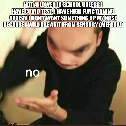no | NOT ALLOWED IN SCHOOL UNLESS I HAVE COVID TEST, I HAVE HIGH FUNCTIONING AUTISM I DON'T WANT SOMETHING UP MY NOSE BECAUSE I WILL HAE A FIT FROM SENSORY OVERLOAD | image tagged in no | made w/ Imgflip meme maker