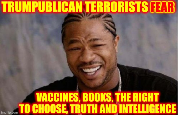 Banning Books Is A Trumpublican Terrorist Thing | TRUMPUBLICAN TERRORISTS FEAR; FEAR; VACCINES, BOOKS, THE RIGHT TO CHOOSE, TRUTH AND INTELLIGENCE | image tagged in memes,yo dawg heard you,trumpublican terrorists,book banning,nazis,losers | made w/ Imgflip meme maker