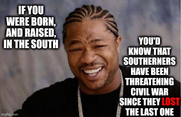 Civil War Fantasies For Trumpublican Terrorists | YOU'D KNOW THAT SOUTHERNERS HAVE BEEN THREATENING CIVIL WAR SINCE THEY LOST THE LAST ONE; IF YOU WERE BORN, AND RAISED, IN THE SOUTH; LOST | image tagged in memes,yo dawg heard you,civil war,trumpublican terrorists,lock them up,losers | made w/ Imgflip meme maker