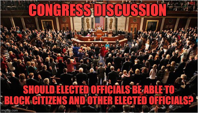 Given the behavior of an elected official over the past 24 hours, I think it would be a good time to discuss this | CONGRESS DISCUSSION; SHOULD ELECTED OFFICIALS BE ABLE TO BLOCK CITIZENS AND OTHER ELECTED OFFICIALS? | image tagged in congress | made w/ Imgflip meme maker
