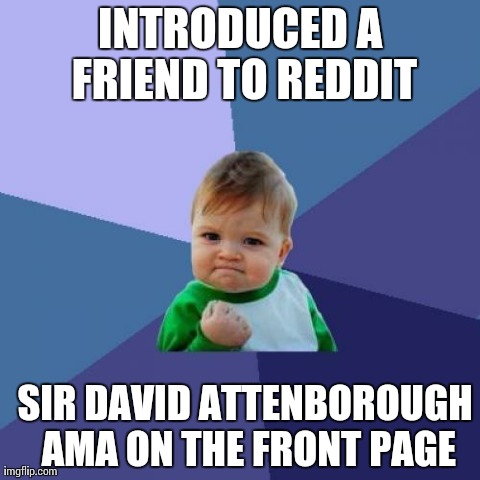 Success Kid Meme | INTRODUCED A FRIEND TO REDDIT SIR DAVID ATTENBOROUGH AMA ON THE FRONT PAGE | image tagged in memes,success kid | made w/ Imgflip meme maker