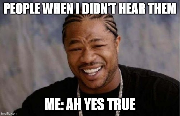 this is me all the time | PEOPLE WHEN I DIDN'T HEAR THEM; ME: AH YES TRUE | image tagged in memes,yo dawg heard you | made w/ Imgflip meme maker