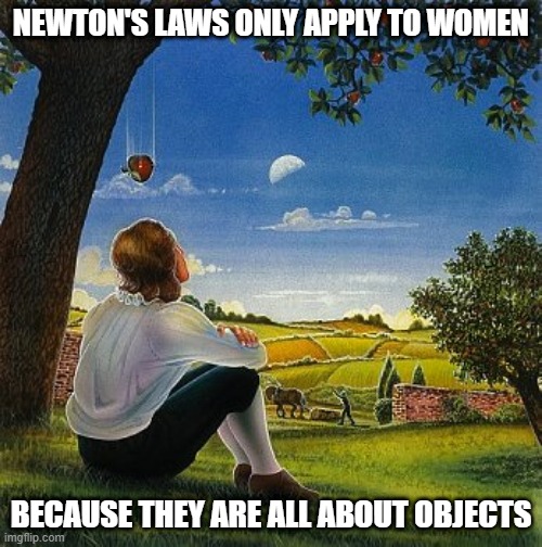 One Meaning | NEWTON'S LAWS ONLY APPLY TO WOMEN; BECAUSE THEY ARE ALL ABOUT OBJECTS | image tagged in isaac newton apple | made w/ Imgflip meme maker