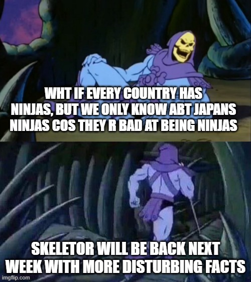 Skeletor disturbing facts | WHT IF EVERY COUNTRY HAS NINJAS, BUT WE ONLY KNOW ABT JAPANS NINJAS COS THEY R BAD AT BEING NINJAS; SKELETOR WILL BE BACK NEXT WEEK WITH MORE DISTURBING FACTS | image tagged in skeletor disturbing facts | made w/ Imgflip meme maker