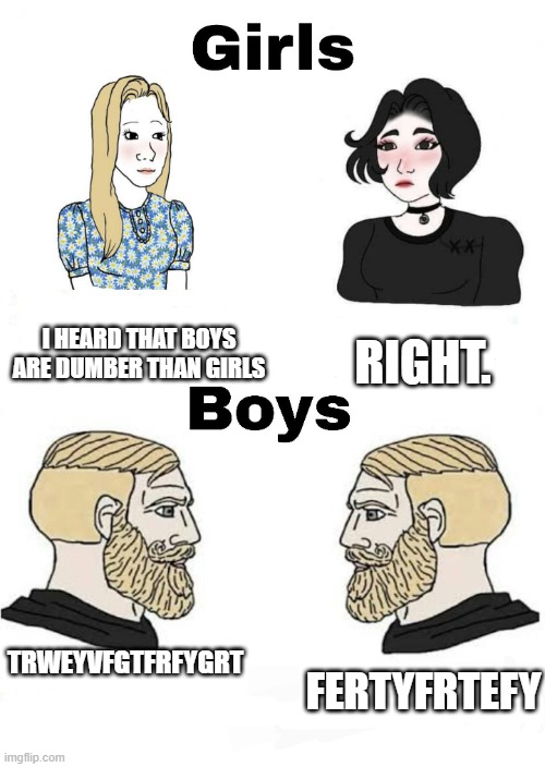 girls are so smart | I HEARD THAT BOYS ARE DUMBER THAN GIRLS; RIGHT. TRWEYVFGTFRFYGRT; FERTYFRTEFY | image tagged in girls vs boys | made w/ Imgflip meme maker