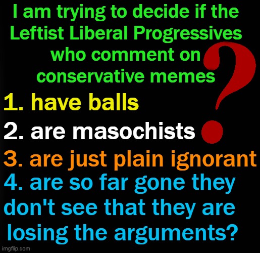 Question of the Day |  I am trying to decide if the 
Leftist Liberal Progressives 
who comment on 
conservative memes; 1. have balls; 2. are masochists; 3. are just plain ignorant; 4. are so far gone they 
don't see that they are 
losing the arguments? | image tagged in political meme,liberal vs conservative,leftists,progressives,right vs wrong,losing | made w/ Imgflip meme maker