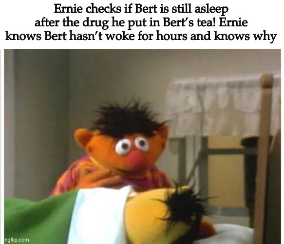 Ernie what have you done... | Ernie checks if Bert is still asleep after the drug he put in Bert’s tea! Ernie knows Bert hasn’t woke for hours and knows why | image tagged in ernie and bert,hilarious | made w/ Imgflip meme maker