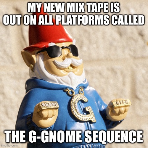 MY NEW MIX TAPE IS OUT ON ALL PLATFORMS CALLED; THE G-GNOME SEQUENCE | image tagged in gee gnome,memes,funny,terrible puns,dead memes | made w/ Imgflip meme maker