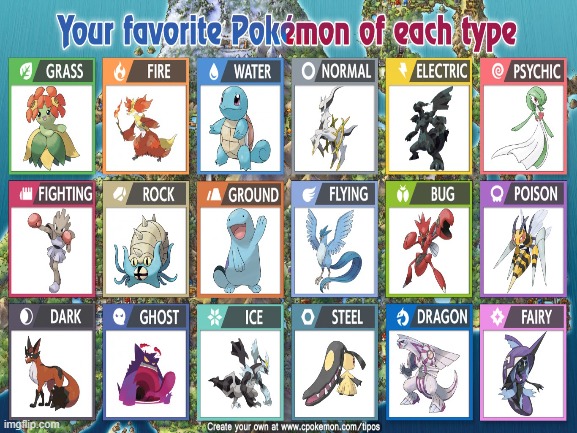 My favourite pokemon of each type (you can put your own in the comments if you want) | made w/ Imgflip meme maker