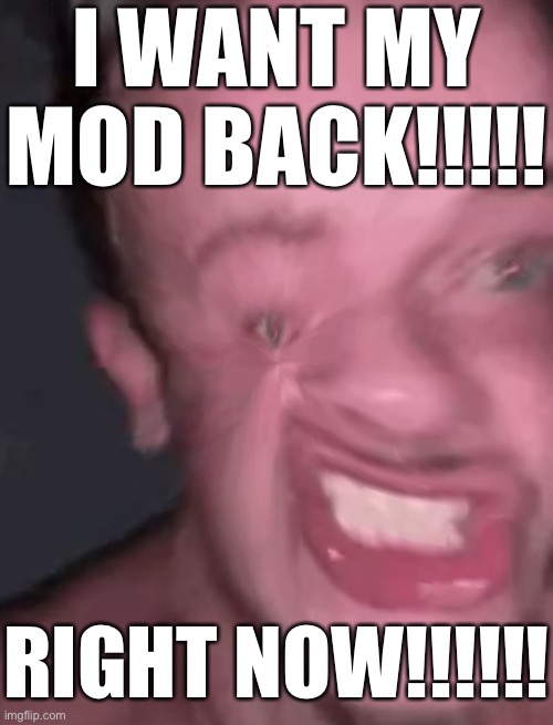 Miserable triggered man cry | I WANT MY MOD BACK!!!!! RIGHT NOW!!!!!! | image tagged in miserable triggered man cry | made w/ Imgflip meme maker