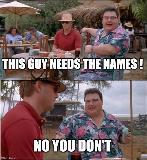 See Nobody Cares Meme | THIS GUY NEEDS THE NAMES ! NO YOU DON'T | image tagged in memes,see nobody cares | made w/ Imgflip meme maker