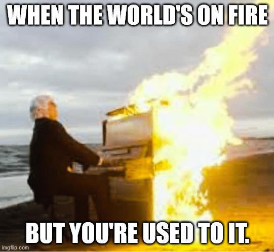 the world | WHEN THE WORLD'S ON FIRE; BUT YOU'RE USED TO IT. | image tagged in playing flaming piano | made w/ Imgflip meme maker