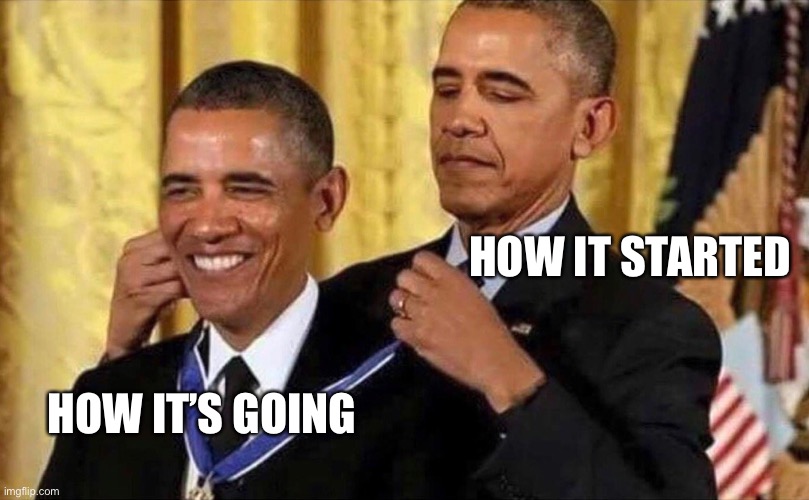 The After Life | HOW IT STARTED; HOW IT’S GOING | image tagged in obama medal | made w/ Imgflip meme maker