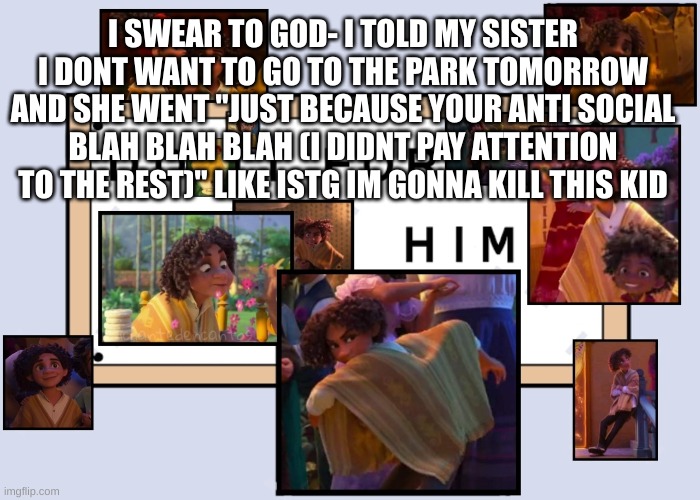 Never have i been so offended by something i 100% agree with | I SWEAR TO GOD- I TOLD MY SISTER I DONT WANT TO GO TO THE PARK TOMORROW AND SHE WENT "JUST BECAUSE YOUR ANTI SOCIAL BLAH BLAH BLAH (I DIDNT PAY ATTENTION TO THE REST)" LIKE ISTG IM GONNA KILL THIS KID | image tagged in totally not simping for a male disney character ahahahahaha | made w/ Imgflip meme maker