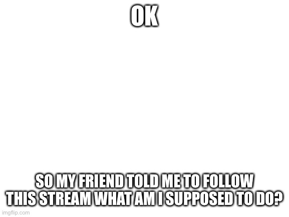 Blank White Template | OK; SO MY FRIEND TOLD ME TO FOLLOW THIS STREAM WHAT AM I SUPPOSED TO DO? | image tagged in blank white template | made w/ Imgflip meme maker