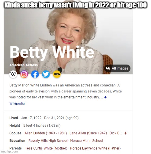 Kinda sucks betty wasn't living in 2022 or hit age 100 | made w/ Imgflip meme maker