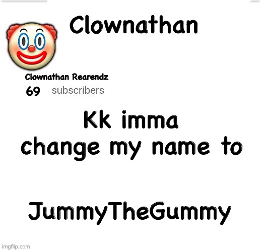 Clownathan template by Jummy | Kk imma change my name to; JummyTheGummy | image tagged in clownathan template by jummy | made w/ Imgflip meme maker