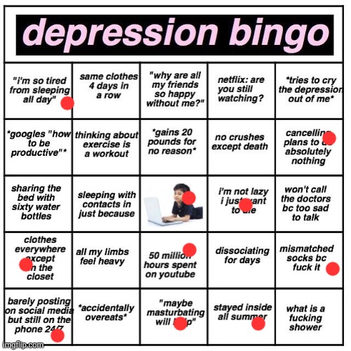 I'm not depressed. I just do these things | image tagged in depression bingo | made w/ Imgflip meme maker