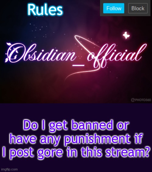 b | Rules; Do I get banned or have any punishment if I post gore in this stream? | image tagged in obsidian 3 14,lol | made w/ Imgflip meme maker